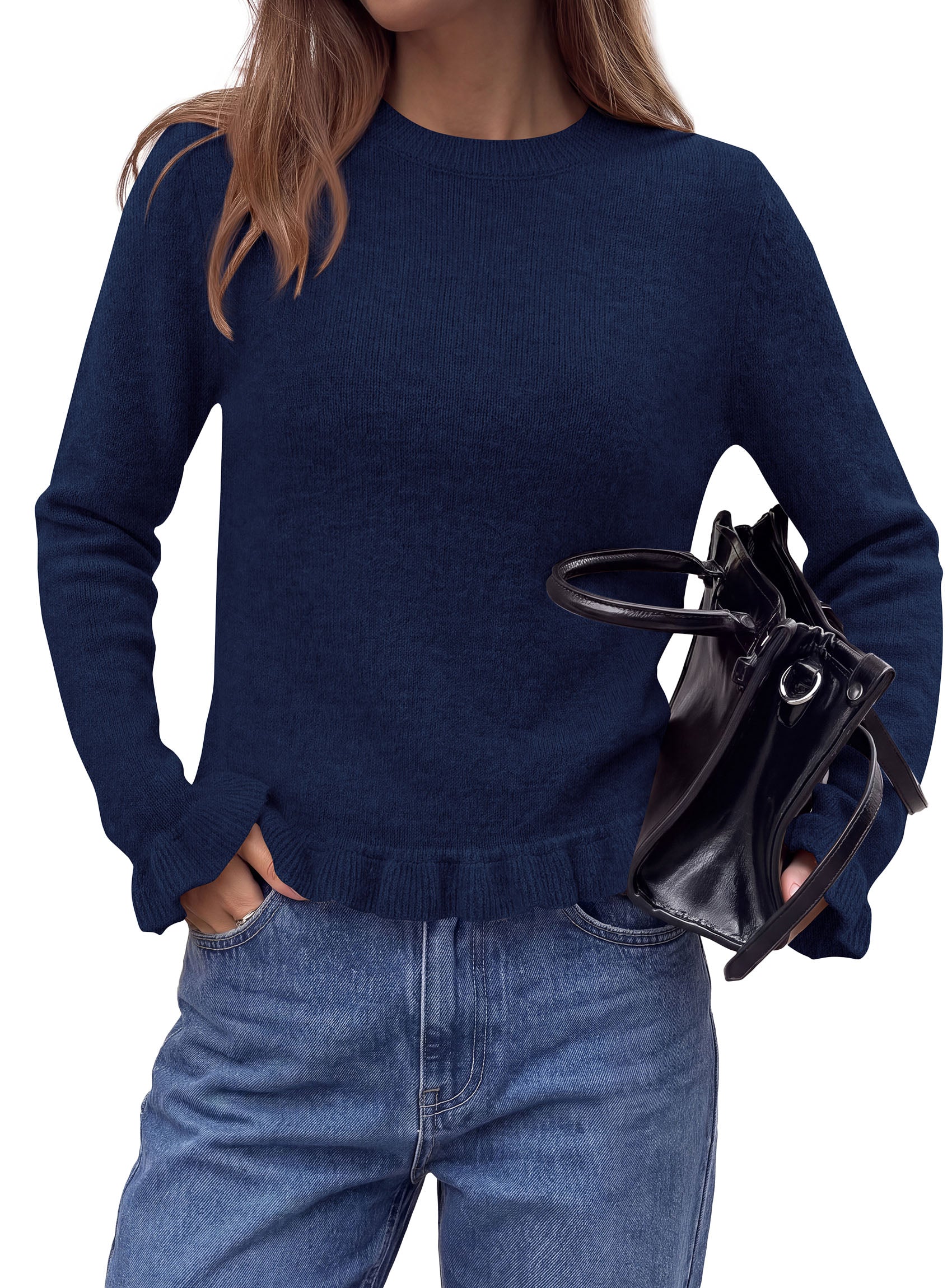 PRETTYGARDEN Women's Ruffle Sweaters Fall Fashion Cozy Knit Pullover  Soft Warm Chunky, Crewneck Long Sleeve, Cute Peplum Tops, Dressy Casual Blouses, Going Out Holiday, Trendy Winter Outfits