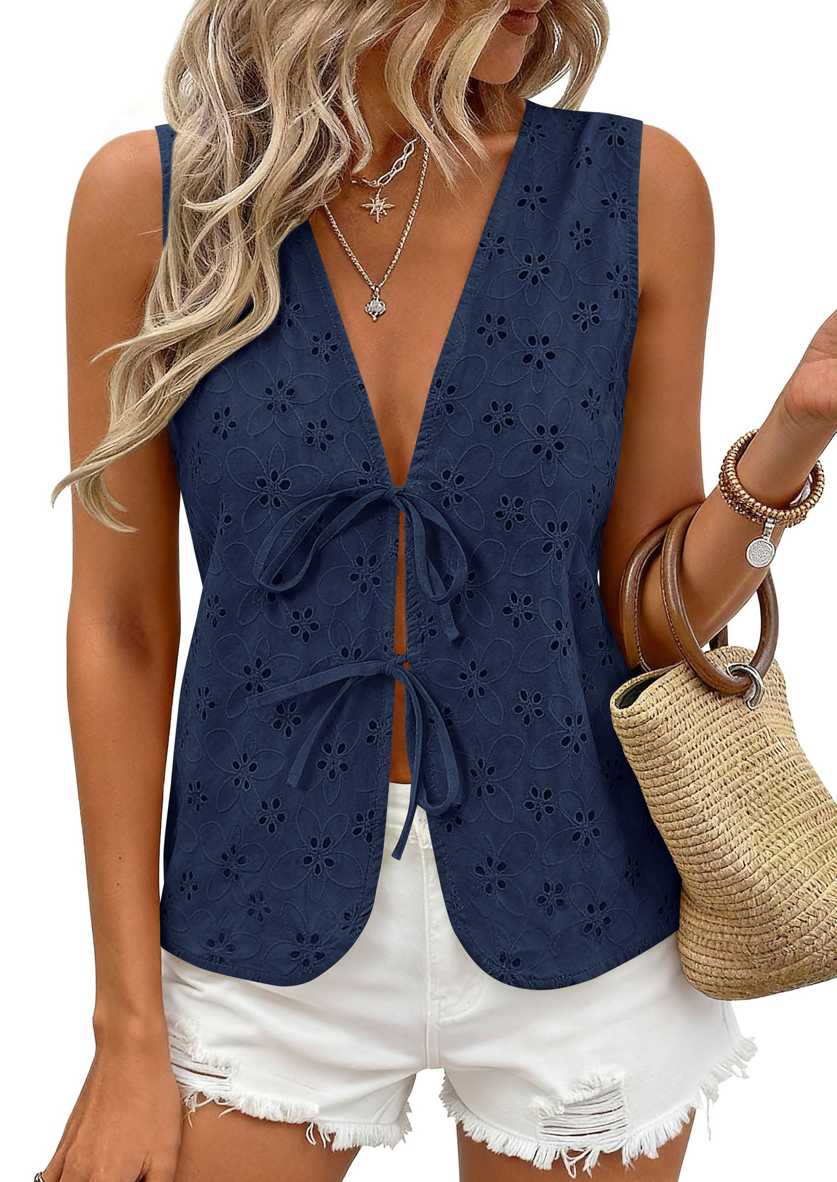 PRETTYGARDEN Women 2026 Summer Tie Front Eyelet Tank Tops Trendy Floral Vest Sleeveless V Neck Dressy Blouse Vacation Outfits PRETTYGARDEN