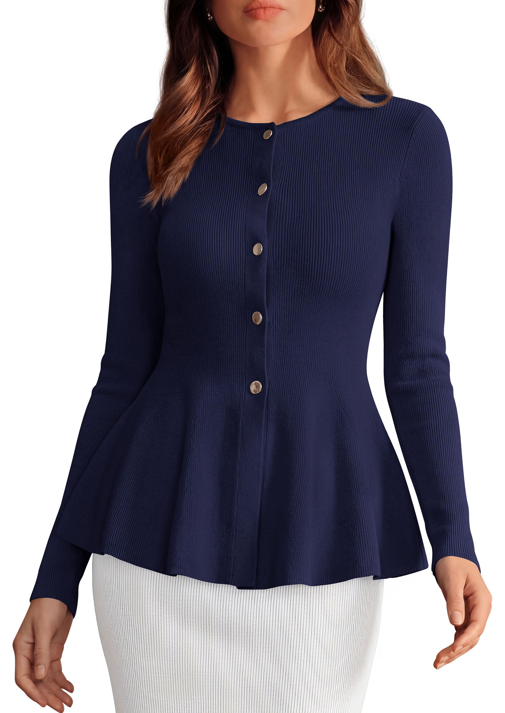 PRETTYGARDEN Women's Fall Lightweight Cardigan Sweaters | Long Sleeve Peplum Tops, Button Up, Slim Fitted, Flared Hem, Soft Ribbed Knit, Business Casual Outfits, Winter Trendy Clothes