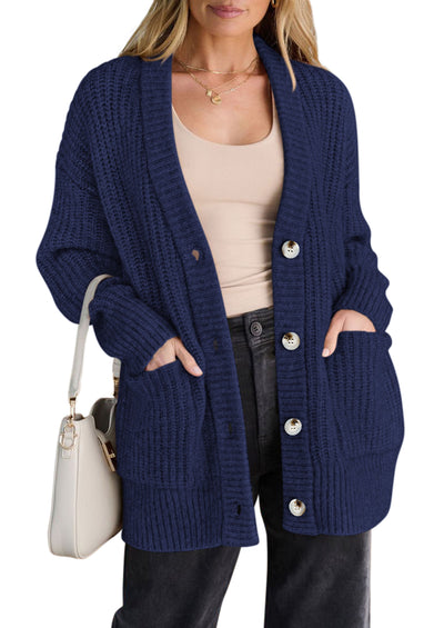 PRETTYGARDEN Oversized Cardigan Sweaters for Women Button Up | V Neck Long Cardigans, Chunky Ribbed Knit Loose Fit with Side Pockets, Casual Daily Office Outfits, Fall Winter Clothing