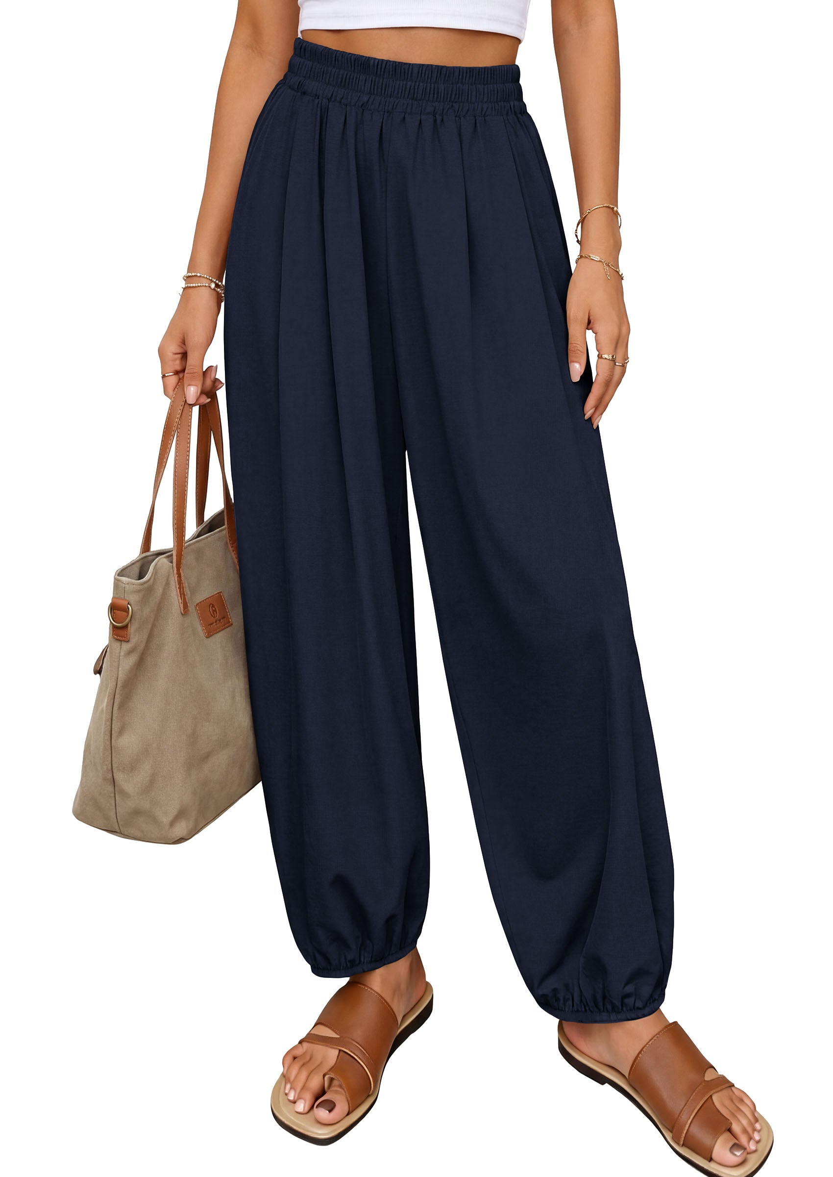 PRETTYGARDEN Womens 2026 Summer Casual Pants High Waisted Loose Wide Leg Palazzo Pockets Lounge Beach Travel Trousers Outfits