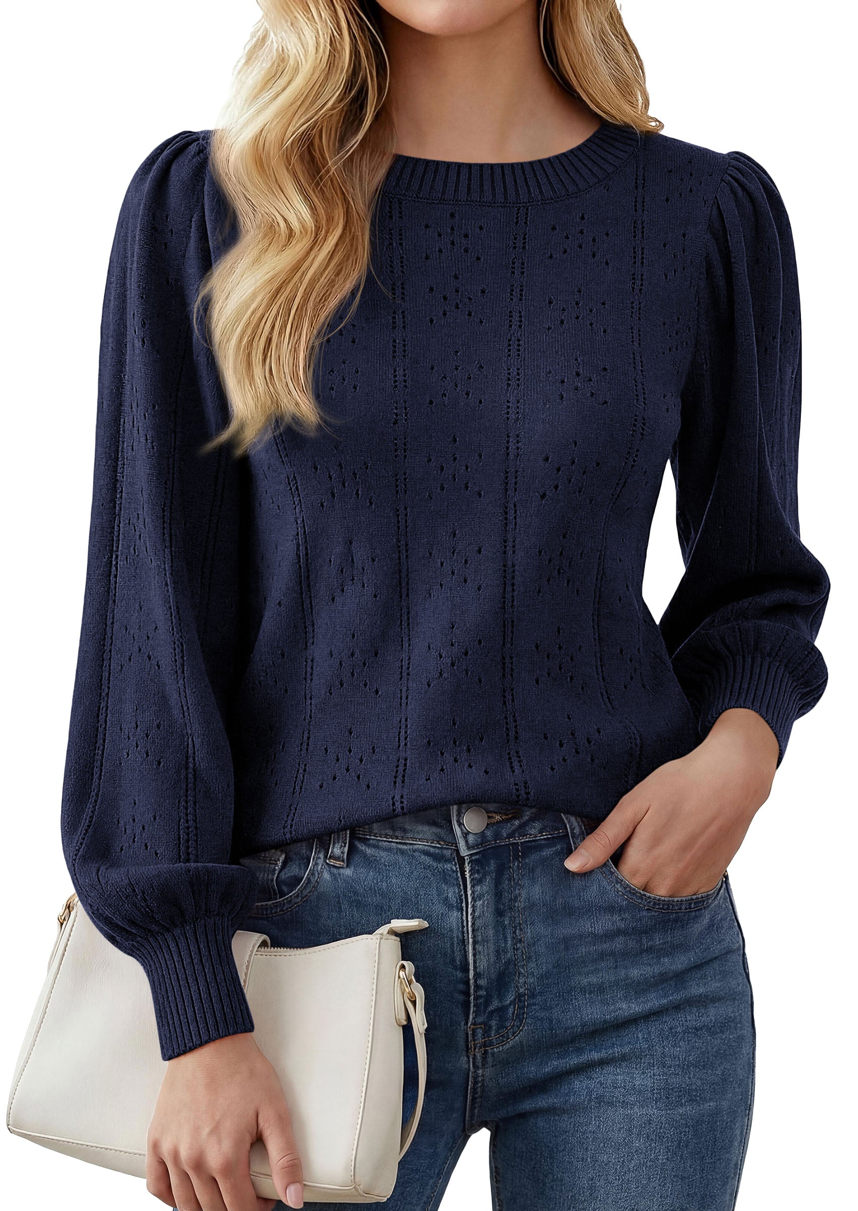 PRETTYGARDEN Women Fall Fashion Hollow Out Holiday Sweaters | Stretchy Cozy Knit, Puff Long Sleeve Pullover Tops, Crewneck Loose Fit, Dressy Casual Blouse, Trendy Winter Going Out Outfits