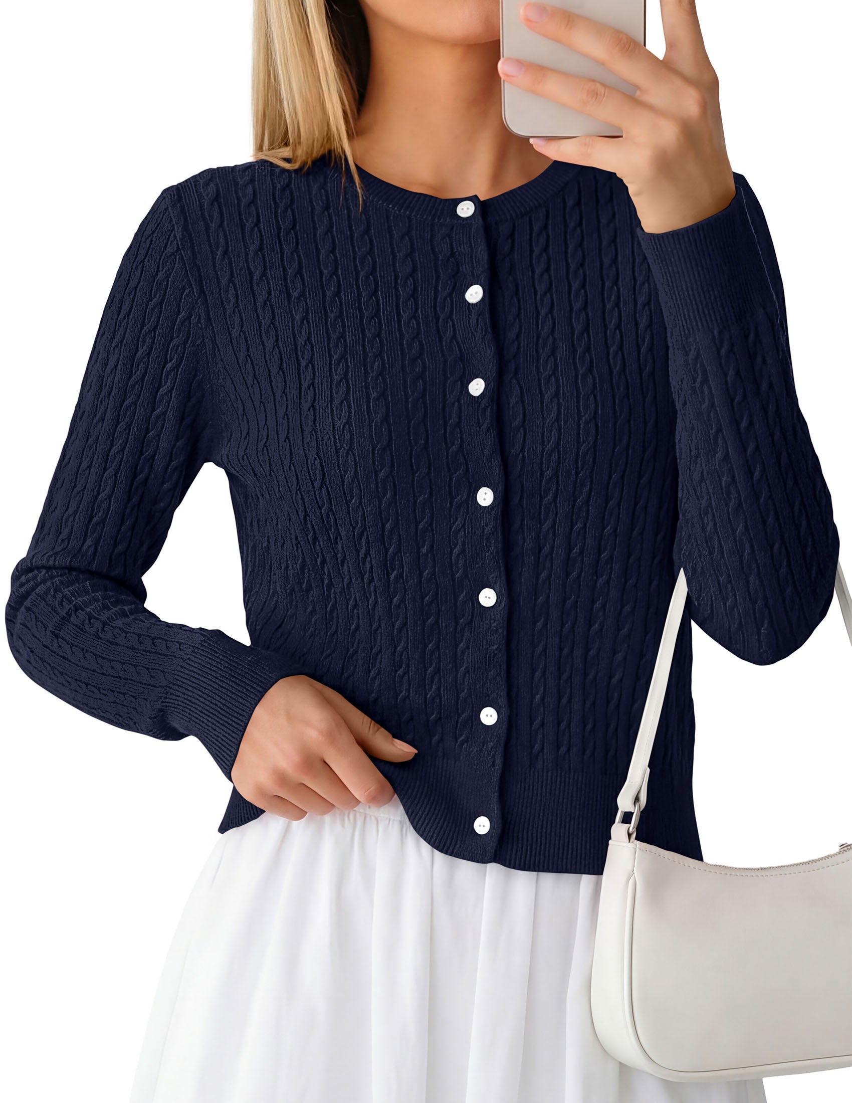 PRETTYGARDEN Women Lightweight Button Up Cardigan Sweaters | Soft Stretchy, Cozy Cable Knit, Long Sleeve Crew Neck, Trendy Cardigans, Cute Casual Outfits, Early Fall Fashion Clothing