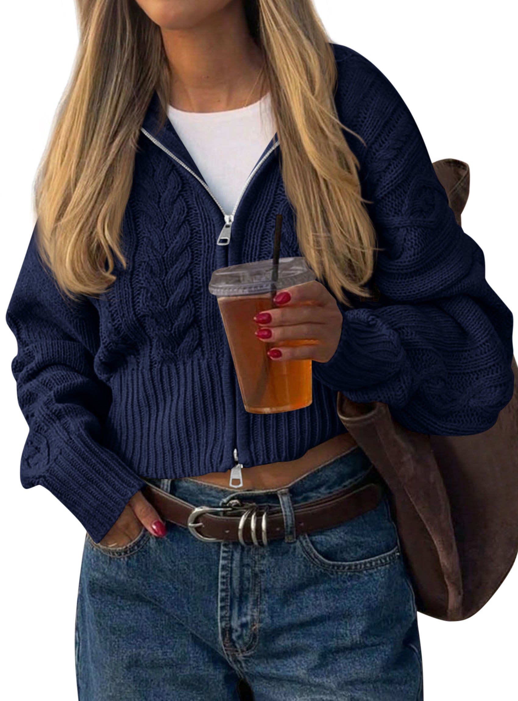 PRETTYGARDEN Women's Cable Knit Cropped Cardigan Sweaters | Oversized Sweater, Long Sleeve Zip Up Jacket, Collared Neck, Ribbed Hem, Cozy Soft Casual Wear, Fall Clothes Winter Outerwear