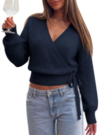 PRETTYGARDEN V Neck Wrap Sweaters for Women Fall Outifts Pullover | Long Sleeve Knit Tops,Cross V Neck with Hidden Snap,Tie Waist,Cozy Warm Winter Clothes for Work,Travel,Vacation,Going Out