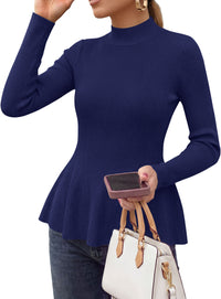 PRETTYGARDEN Womens Fall Mock Neck Long Sleeve Tops Badycon Peplum Sweaters						  Cozy Soft Knit Pullover,Ruffle Hem,Business Casual Work Outfits,2026 Trendy Fall Fashion Clothing,Winter Layering Clothes