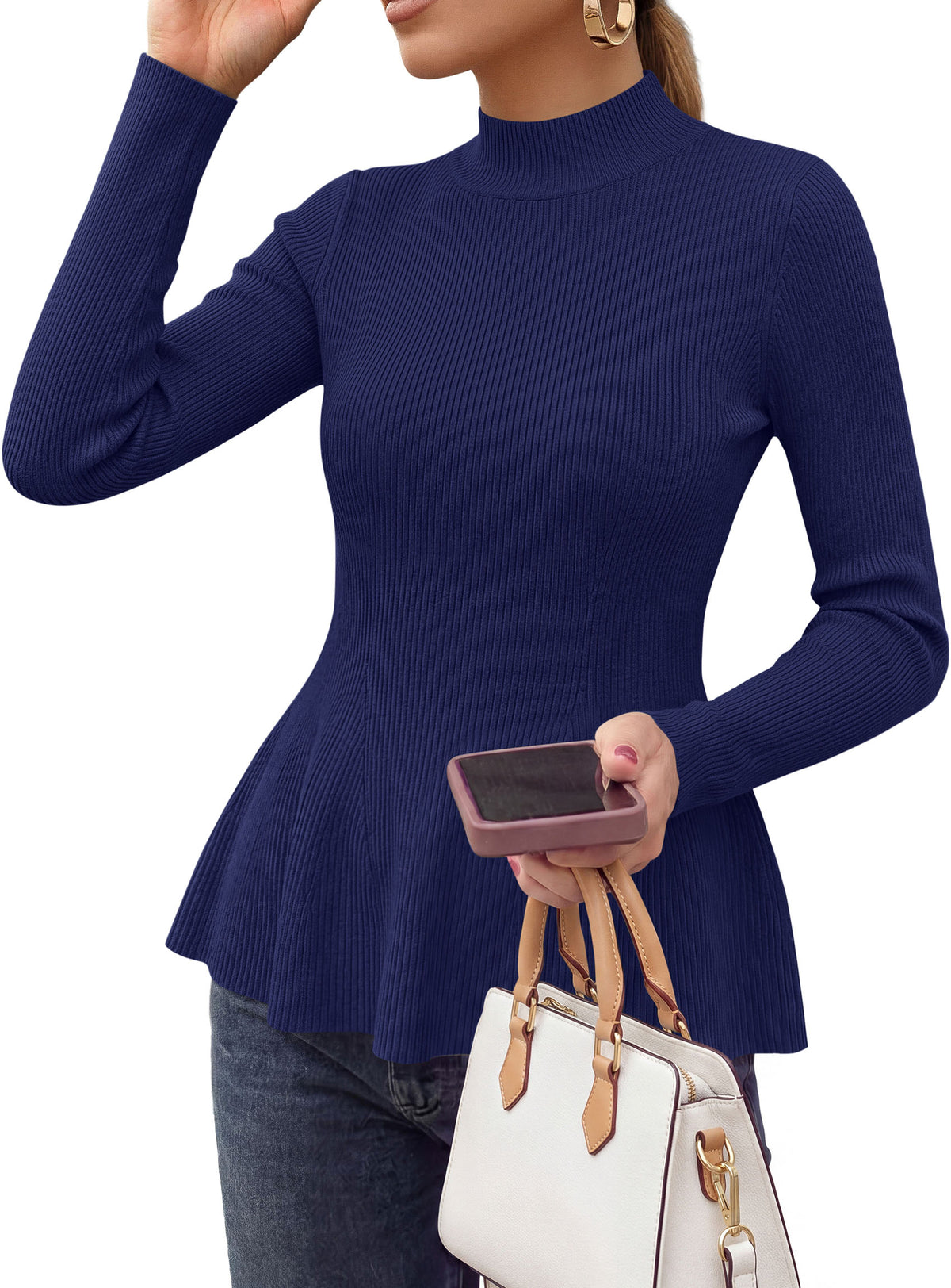 PRETTYGARDEN Womens Fall Mock Neck Long Sleeve Tops Badycon Peplum Sweaters						  Cozy Soft Knit Pullover,Ruffle Hem,Business Casual Work Outfits,2026 Trendy Fall Fashion Clothing,Winter Layering Clothes