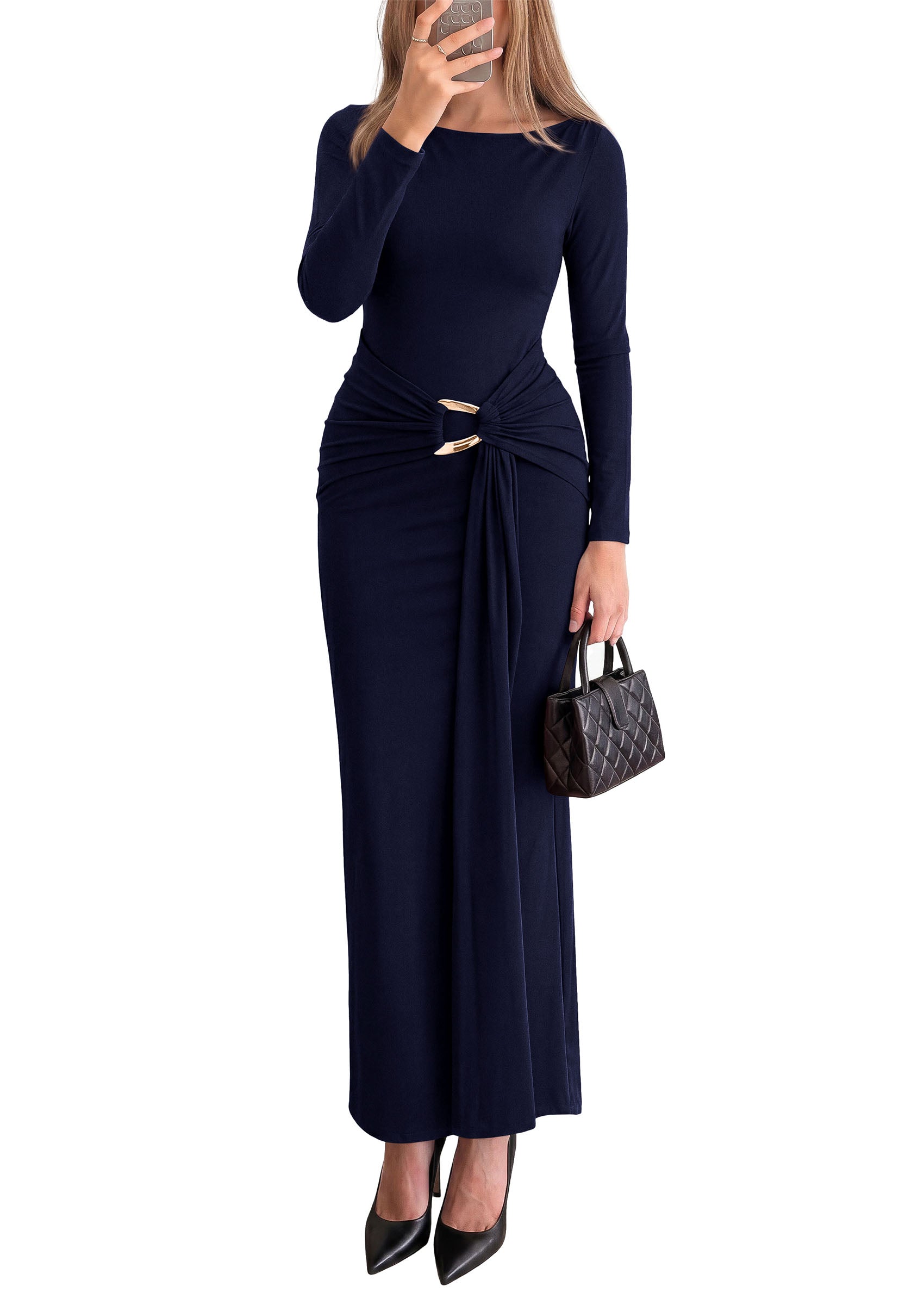 PRETTYGARDEN Women's Long Sleeve Ruched Bodycon Maxi Dress | Wedding Guest Dresses, Twist Knot Waist, Back Slit, Slim Fitted, Formal Wear, Cocktail Holiday Party, Date Night Fall Outfits