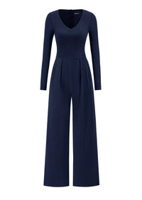PRETTYGARDEN Womens Fall One Piece Long Sleeve Jumpsuit | Stretchy Ribbed Knit, Fashion Deep V Neck, Wide Leg Romper with Pockets, Work Business Casual Outfits, Trendy Winter Clothes