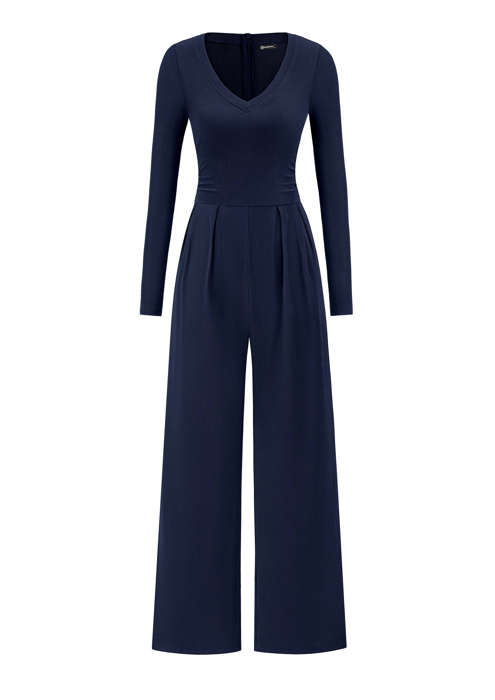 PRETTYGARDEN Womens Fall One Piece Long Sleeve Jumpsuit | Stretchy Ribbed Knit, Fashion Deep V Neck, Wide Leg Romper with Pockets, Work Business Casual Outfits, Trendy Winter Clothes