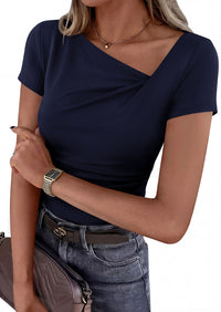 PRETTYGARDEN Women's 2026 Summer Asymmetrical Y2K Tops Trendy Ribbed Short Sleeve Fitted Tee Shirts Spring Fashion Clothing