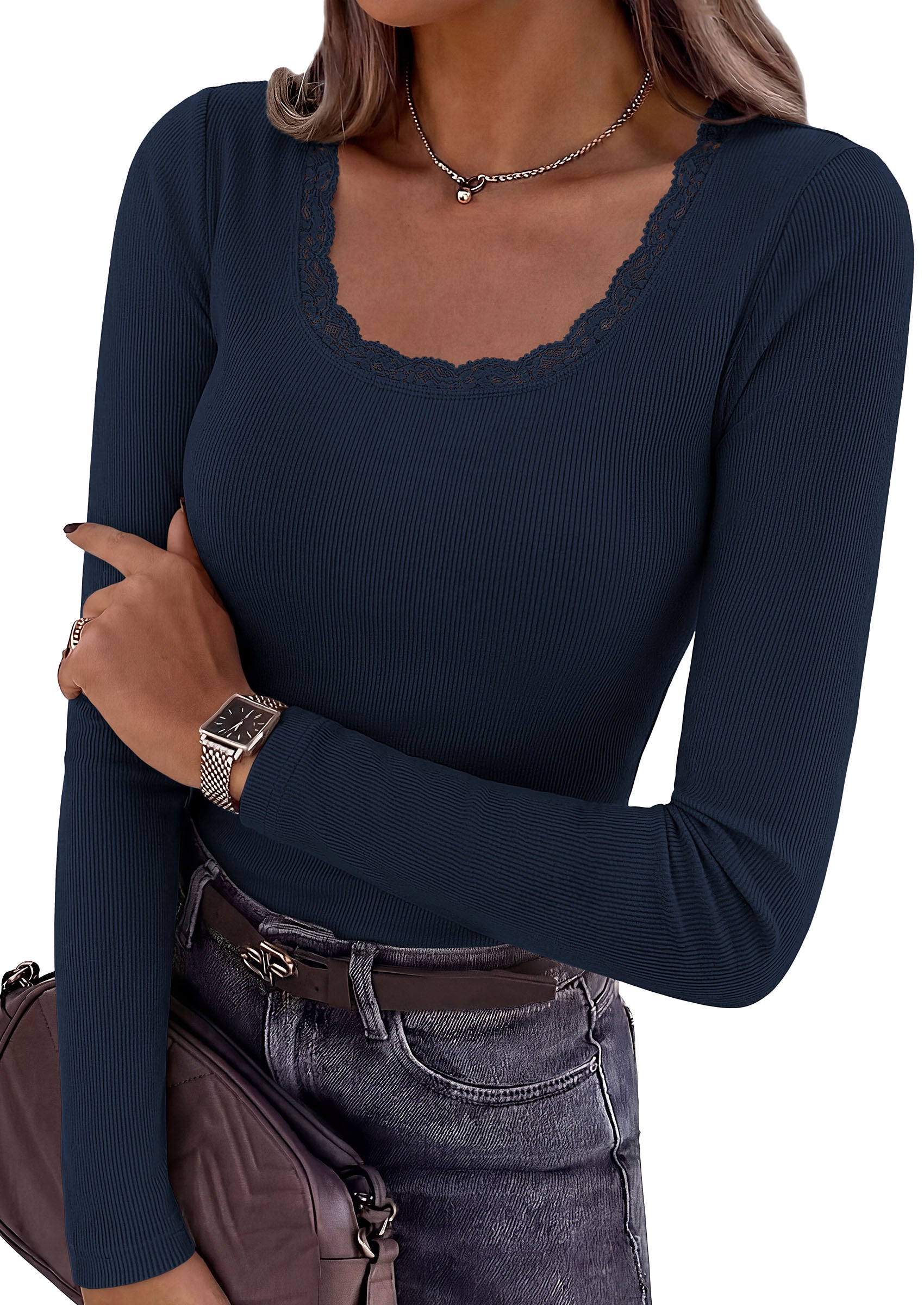 PRETTYGARDEN Womens Long Sleeve Tops Casual Fall Fashion 2026 Lace Square Neck Fitted Ribbed Knit Tee Shirts Winter Clothing