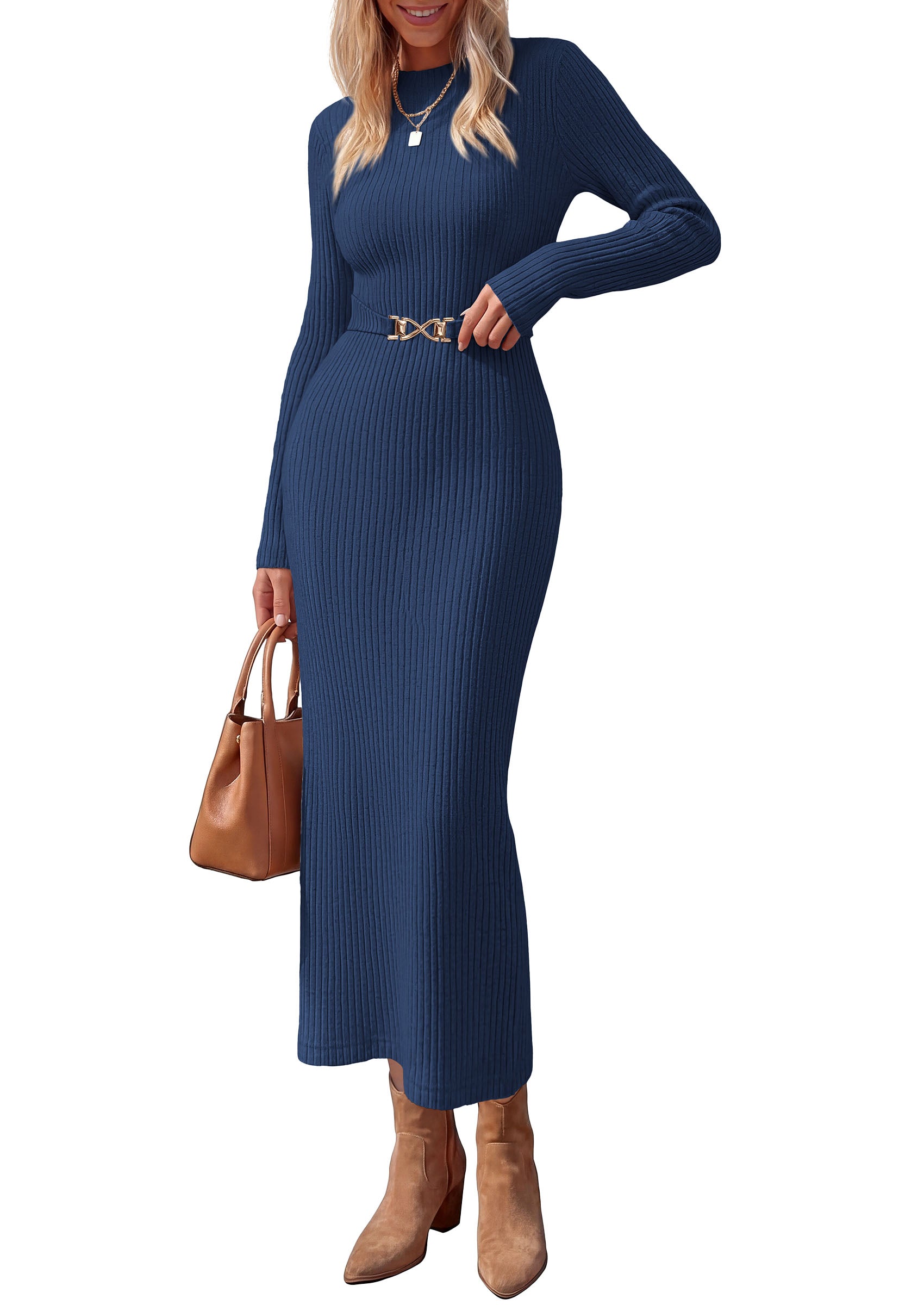 PRETTYGARDEN Women's Long Sleeve Bodycon Maxi Sweater Dress | Stretchy Rib Knit,Metal Buckle Waist,Back Slit,Work Cocktail Holiday Party Outfits,Fall Winter Winter Wedding Guest Dresses
