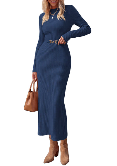 PRETTYGARDEN Women's Long Sleeve Bodycon Maxi Sweater Dress | Stretchy Rib Knit,Metal Buckle Waist,Back Slit,Work Cocktail Holiday Party Outfits,Fall Winter Winter Wedding Guest Dresses