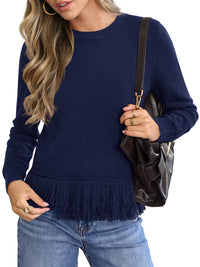 PRETTYGARDEN Womens Crewneck Long Sleeve Fringe Sweaters Pullover Tops Fringed Hemline, Ribbed Knit, Loose Fit, Bohemian Style, Soft Comfy Cute Sweater, Fall Winter Outfits, Casual Daily Wear