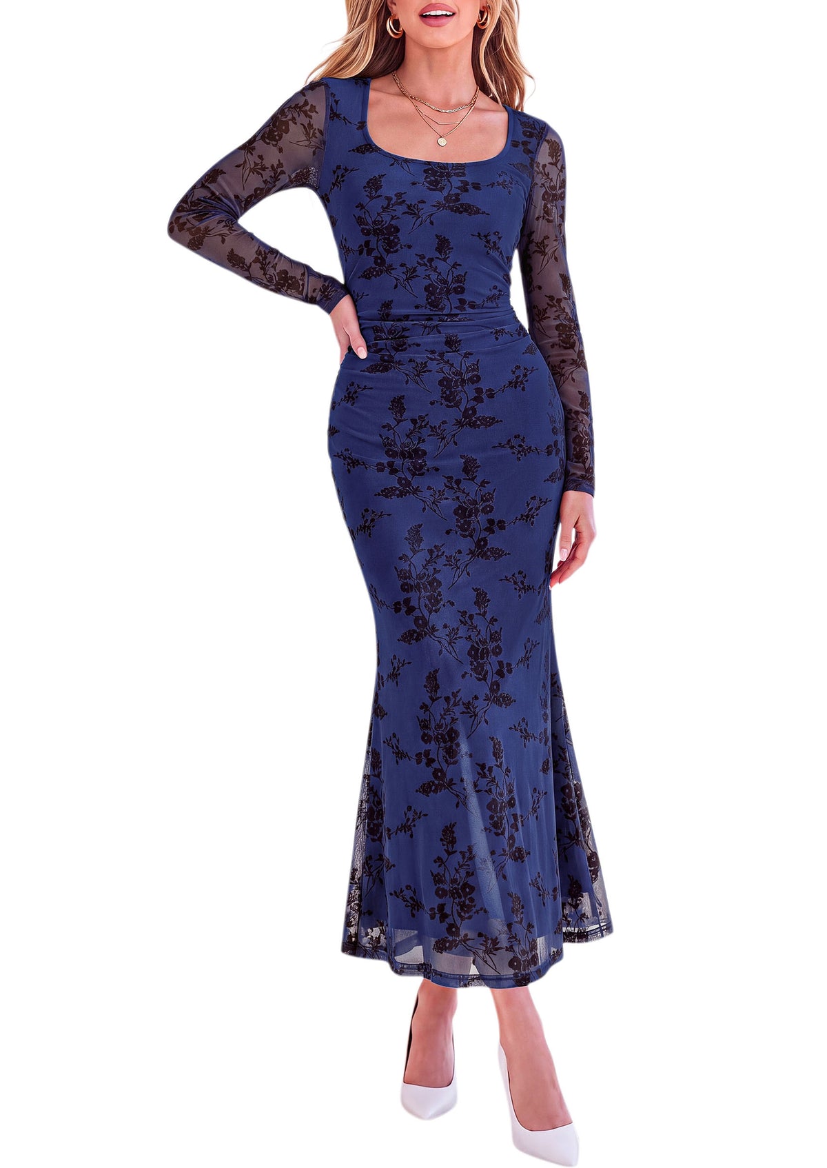 PRETTYGARDEN Women's Long Sleeve Floral Maxi Bodycon Dress  Cocktail Dresses for Wedding Guest, Square Neck, Stretchy Mesh, Elegant Classy, Formal Holiday Party, Fall Date Night Outfits