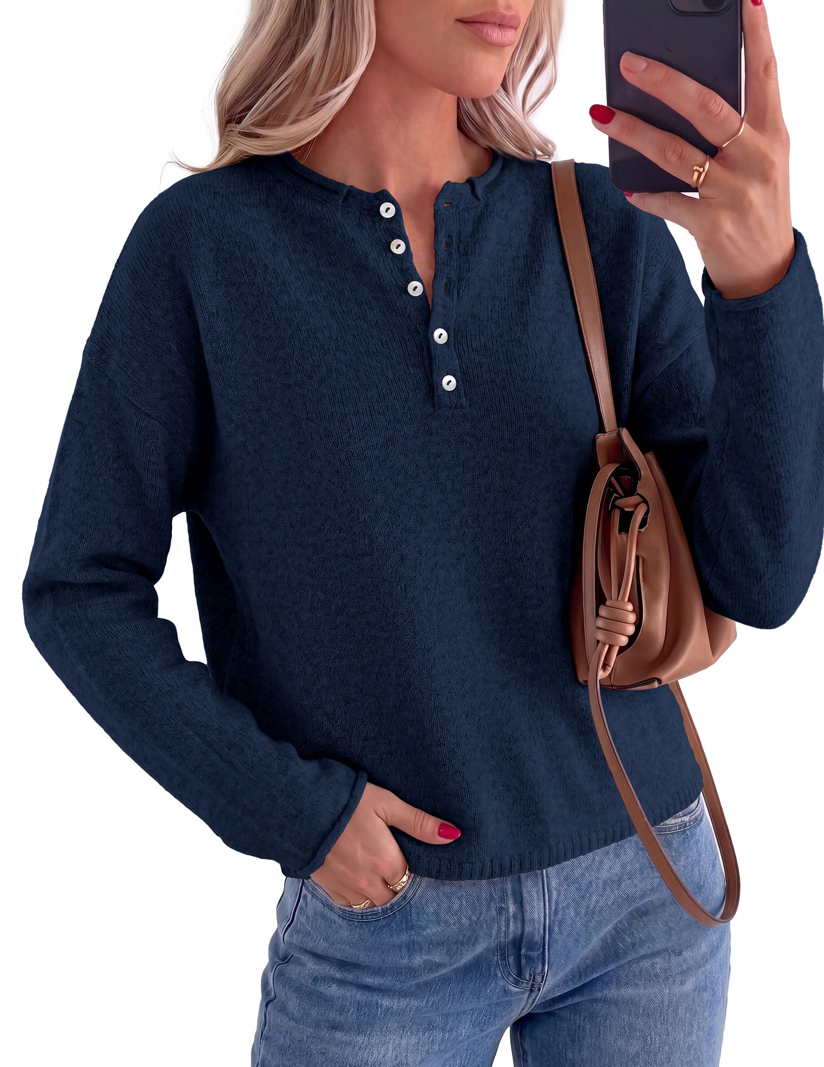 PRETTYGARDEN Women's Fall Button Up Cozy Pullover Sweaters | Stretchy Soft Knit, Drop Shoulder Long Sleeve Tops, Henley Crewneck Rolled Edge, Dressy Casual Blouses, Trendy Winter Clothes