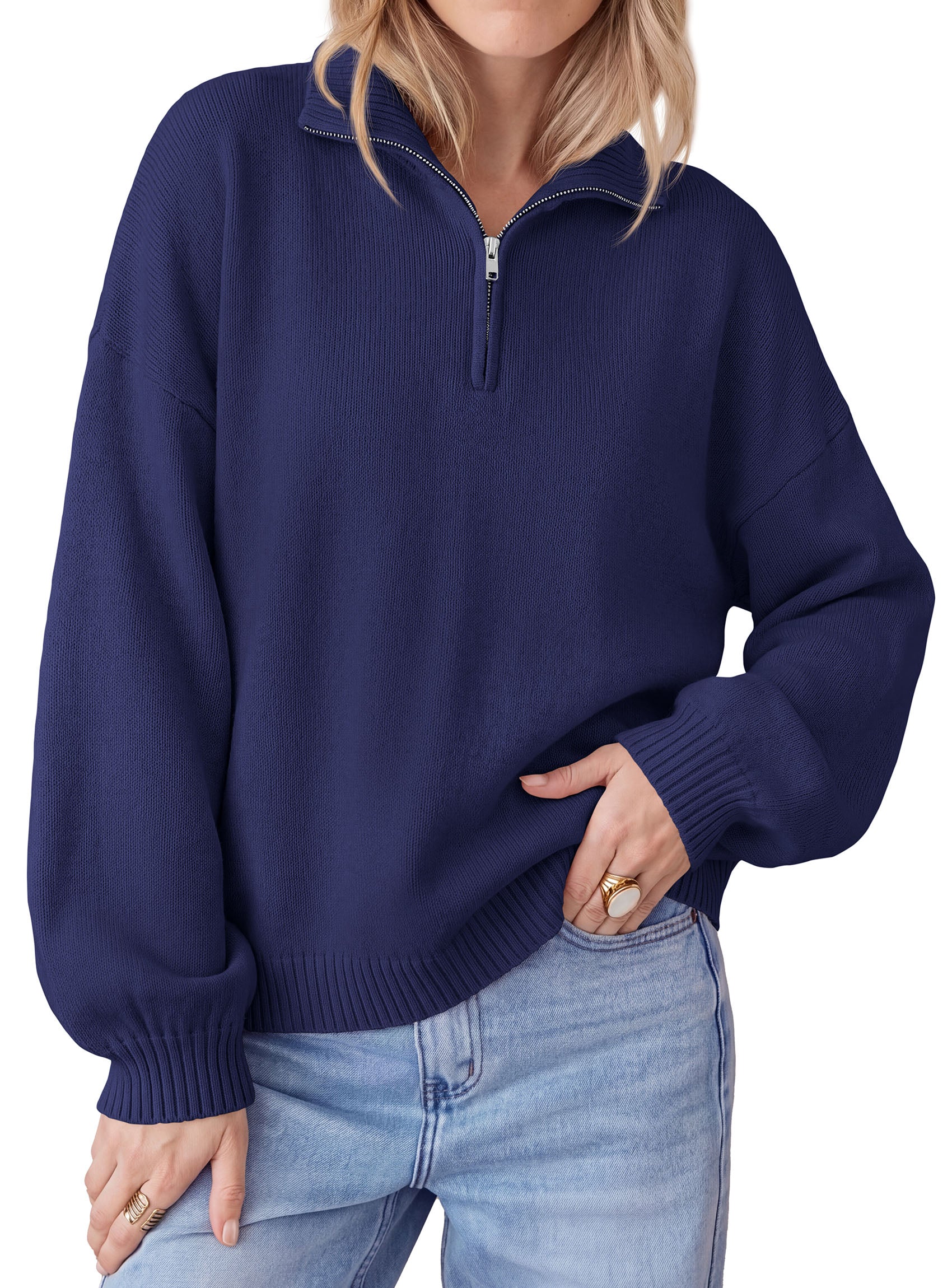 PRETTYGARDEN Women's Quarter Zip Pullover Oversized Sweaters | Collared Neck, Long Balloon Sleeve, Jumper Tops, Soft Cozy Knit, Ribbed Hem, Loose Fit, Fall Outfits, Winter Fashion Clothing