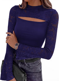 PRETTYGARDEN Womens Tops Fall Sexy Bell Long Sleeve Shirts Cut Out Fitted Y2k Lace Tshirt Ruched Going Out Crop Top 2026