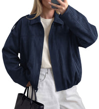 PRETTYGARDEN Women's Faux Suede Cropped Bomber Jacket | Long Sleeve Zip Up Casual Going Out Jackets Coat, Oversized Loose Fit Western Outfits, Trendy Outerwear, Fall Clothes