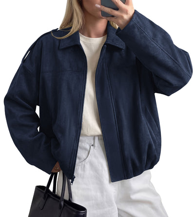 PRETTYGARDEN Women's Faux Suede Cropped Bomber Jacket | Long Sleeve Zip Up Casual Going Out Jackets Coat, Oversized Loose Fit Western Outfits, Trendy Outerwear, Fall Clothes
