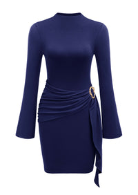 PRETTYGARDEN Women Long Sleeve Bodycon Ruched Mini Dress | Mock Neck Gold Buckle, Slim Fit, Weeding Guest Dress, Elegant Dressy Casual, Cocktail Party Date Night, Fall Winter Outfits