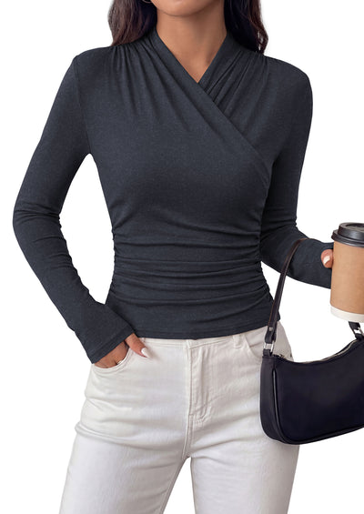 PRETTYGARDEN Womens Long Sleeve Shirts 2026 Fall V Neck Cross Wrap Going Out Top Ribbed Ruched Fitted Business Casual Clothes
