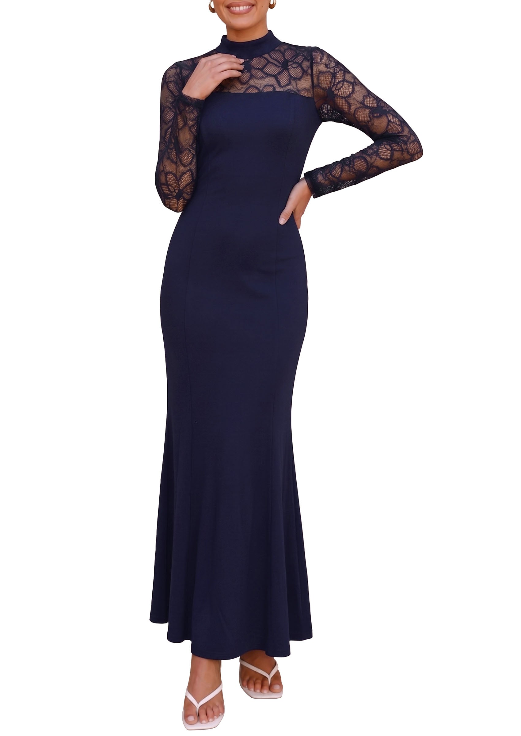 PRETTYGARDEN Women's Fall Lace Sheer Dress Bodycon Maxi Cocktail Dresses  Long Sleeve, Patchwork Mock Neck, Slim Fit, Elegant Mermaid, Semi Formal Outfits for Wedding Guest, Evening, Birthday Party