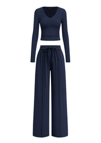 PRETTYGARDEN Women's 2 Piece Lounge Sets Matching Clothing  | V Neck Long Sleeve Tops, Wide Leg Pants Pockets, Airport Travel Outfits, Soft Ribbed Knit, Drawstring Waist, Fall Resort Wear