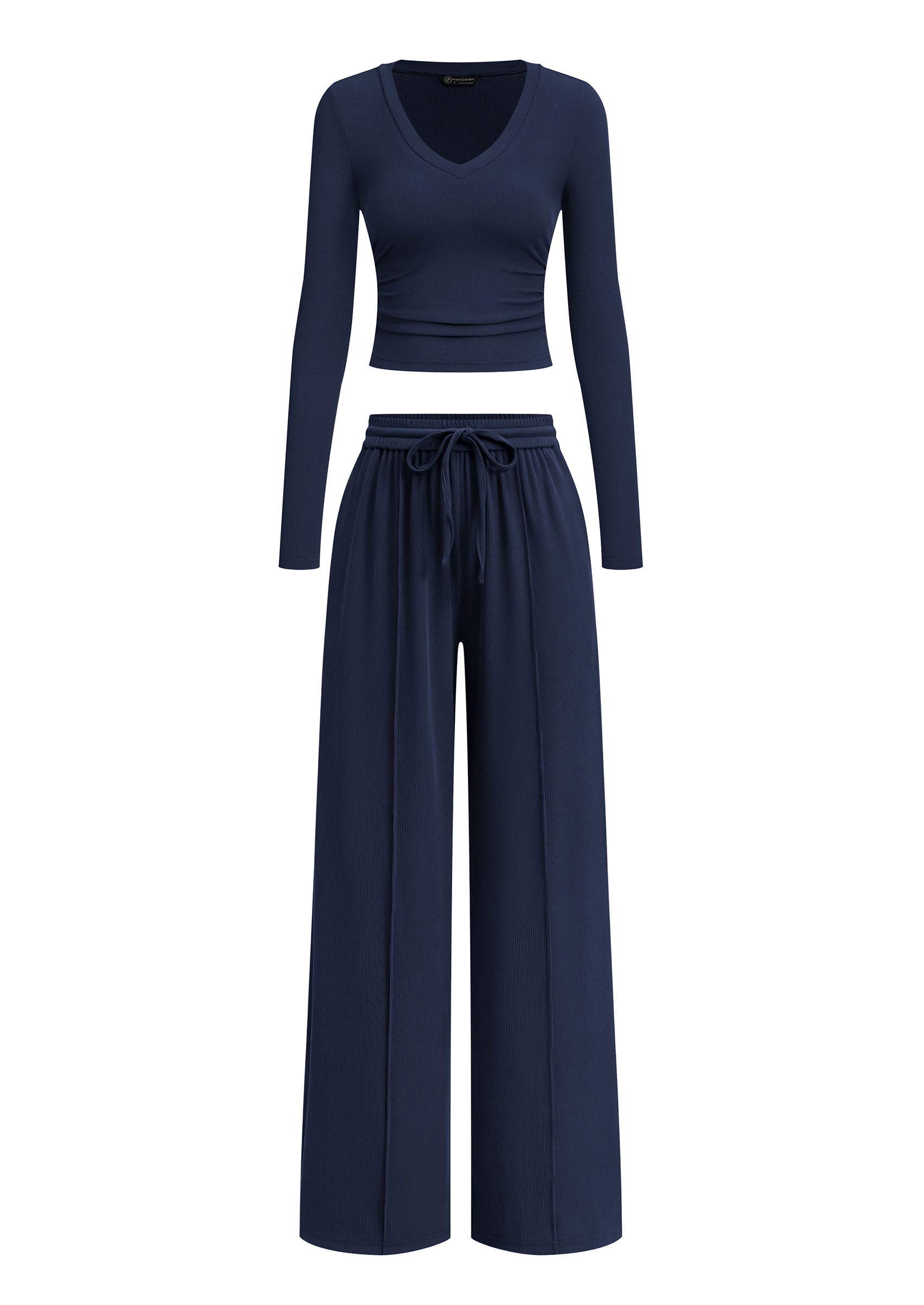 PRETTYGARDEN Women's 2 Piece Lounge Sets Matching Clothing  | V Neck Long Sleeve Tops, Wide Leg Pants Pockets, Airport Travel Outfits, Soft Ribbed Knit, Drawstring Waist, Fall Resort Wear