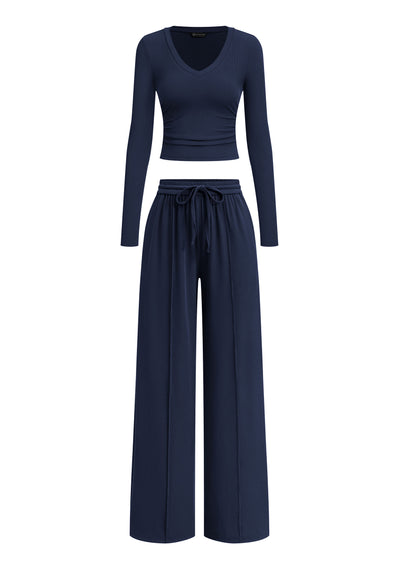 PRETTYGARDEN Women's 2 Piece Lounge Sets Matching Clothing  | V Neck Long Sleeve Tops, Wide Leg Pants Pockets, Airport Travel Outfits, Soft Ribbed Knit, Drawstring Waist, Fall Resort Wear