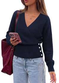 PRETTYGARDEN Women V Neck Wrap Sweater Cropped Tops Fall Winter Fashion 2026, Business Casual Outfits, Stretchy Soft knit, Wide Ribbed Hem with Side Buttons Pullover Sweaters