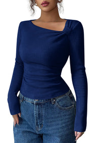PRETTYGARDEN Womens 2026 Early Fall Fashion Long Sleeve T Shirts Asymmetrical Ribbed Fitted Trendy Going Out Tops Y2K Outfits