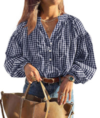 PRETTYGARDEN Women Fall Plaid Long Puff Sleeve Shirts V Neck Casual Blouses  Gingham Button Down Oversized, Pleated Drop Shoulder Cotton Tops, Dressy Casual, Work Vacation Travel, Fall Outfits Trendy