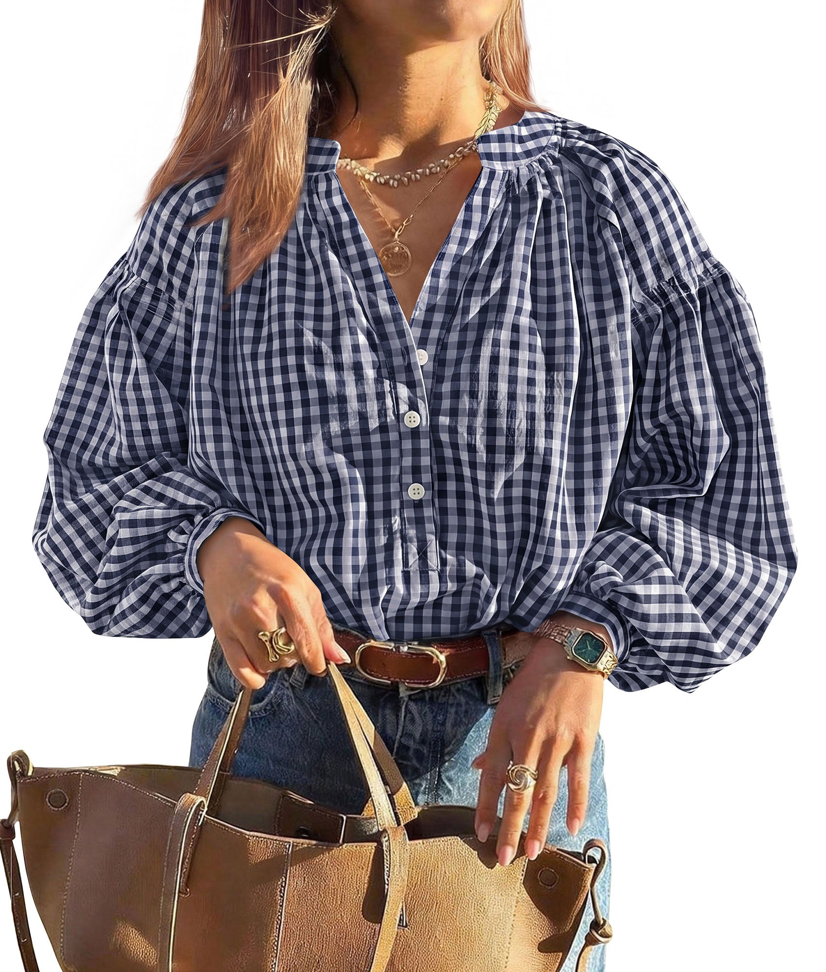 PRETTYGARDEN Women Fall Plaid Long Puff Sleeve Shirts V Neck Casual Blouses  Gingham Button Down Oversized, Pleated Drop Shoulder Cotton Tops, Dressy Casual, Work Vacation Travel, Fall Outfits Trendy
