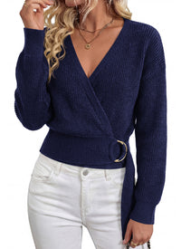 PRETTYGARDEN Womens Sweaters 2026 Trendy Long Sleeve Wrap V Neck Metal Buckle Belted Fall Tunic Sweater Winter Clothing