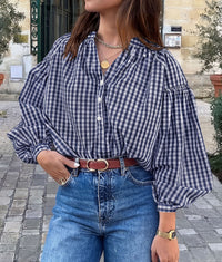 PRETTYGARDEN Women Fall Plaid Long Puff Sleeve Shirts V Neck Casual Blouses  Gingham Button Down Oversized, Pleated Drop Shoulder Cotton Tops, Dressy Casual, Work Vacation Travel, Fall Outfits Trendy