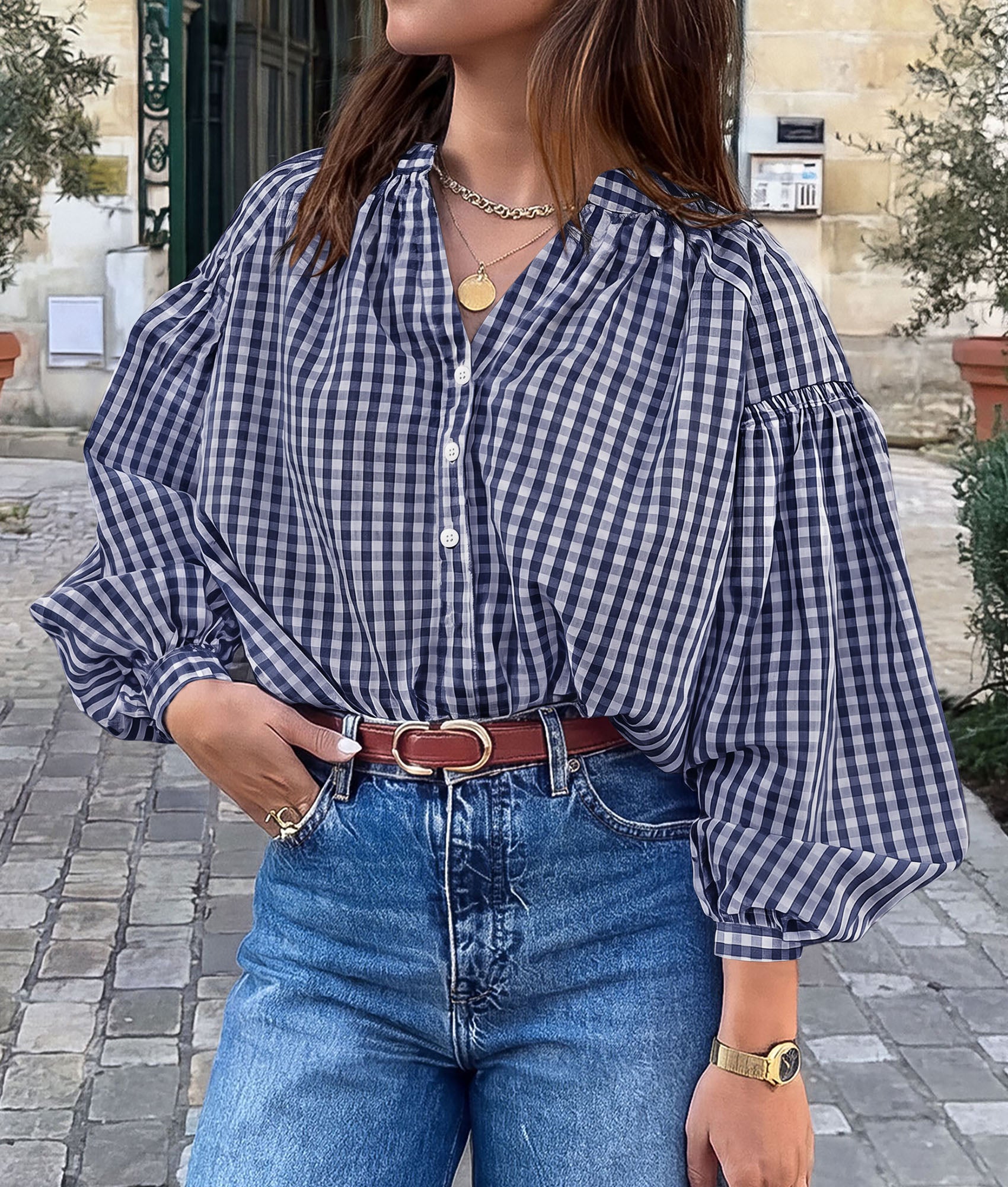 PRETTYGARDEN Women Fall Plaid Long Puff Sleeve Shirts V Neck Casual Blouses  Gingham Button Down Oversized, Pleated Drop Shoulder Cotton Tops, Dressy Casual, Work Vacation Travel, Fall Outfits Trendy