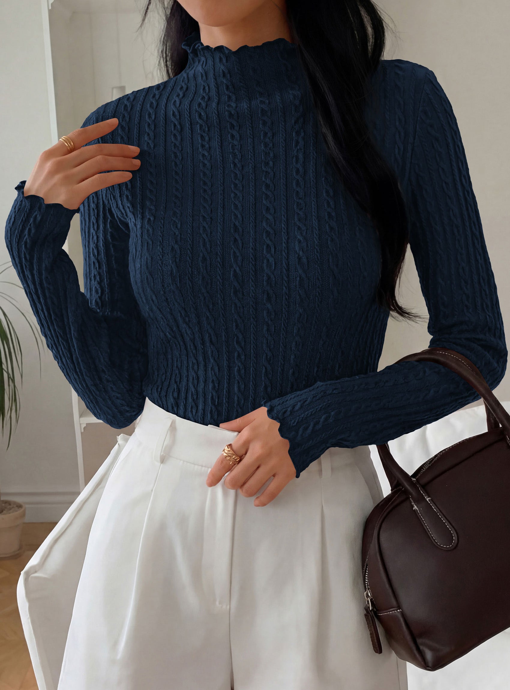 PRETTYGARDEN Women's Fall Long Sleeve Fitted Shirts | Comfy Stretchy Cable Knit, Trendy Lettuce Trim Mock Neck, Casual Basic Tees, Cute Layering Tops, 2026 Fashion Clothing