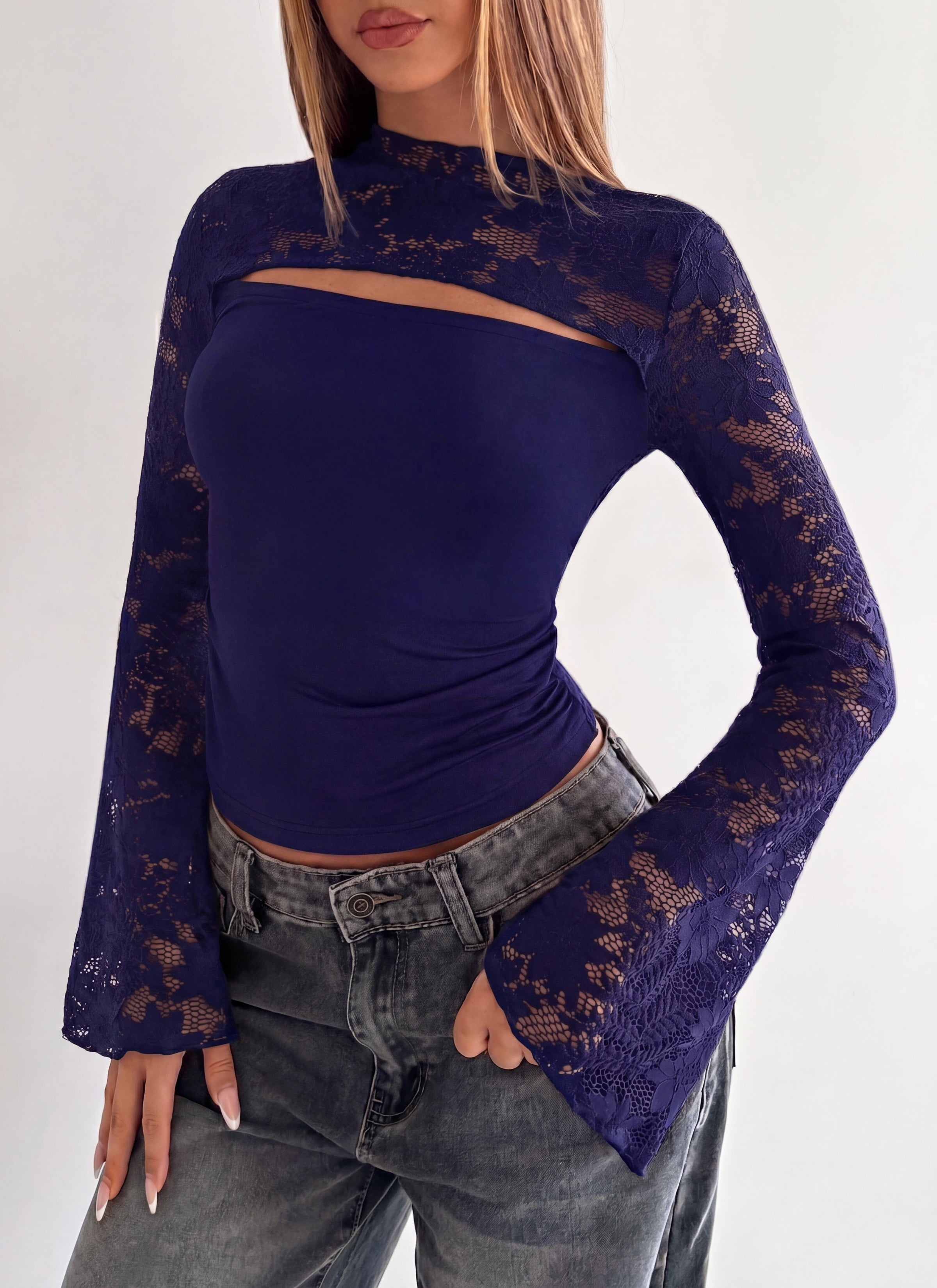 PRETTYGARDEN Womens Tops Fall Sexy Bell Long Sleeve Shirts Cut Out Fitted Y2k Lace Tshirt Ruched Going Out Crop Top 2026