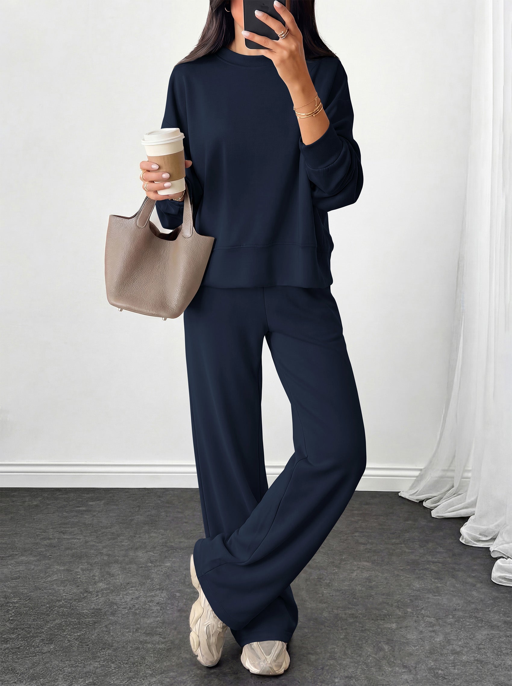 PRETTYGARDEN Womens 2 Piece Outfits Fall Sweatsuits Matching Lounge Sets  | Crewneck Long Sleeve Sweatshirt, Wide Leg Pants Sets with Pockets & Drawstring, Casual Tracksuit, Travel Airport Outfits 2026