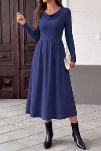 PRETTYGARDEN Women Casual Cowl Neck Long Sleeve Midi Dress