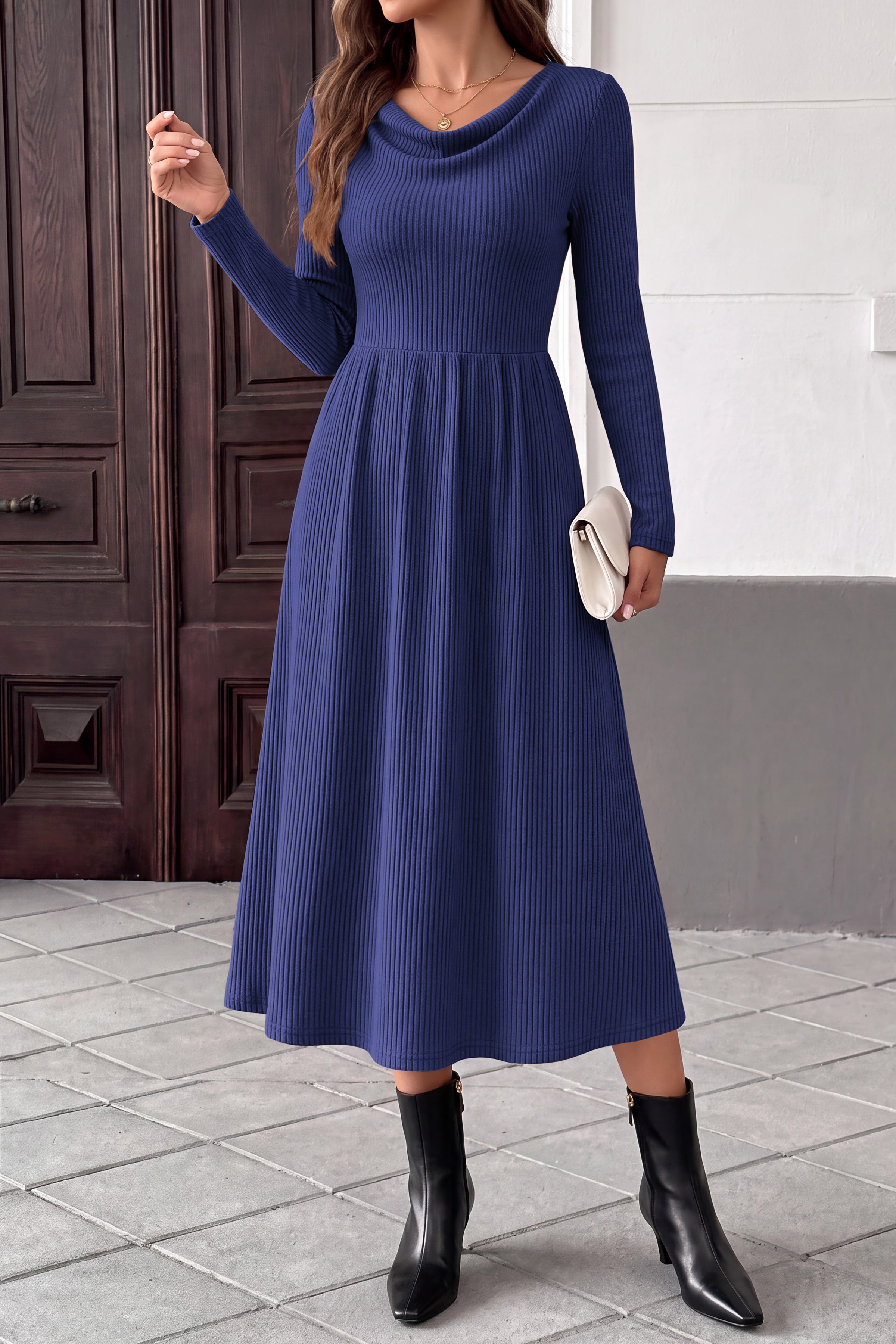 PRETTYGARDEN Women Casual Cowl Neck Long Sleeve Midi Dress