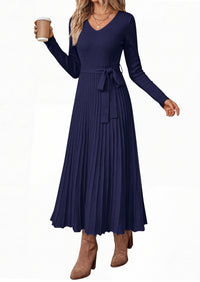 PRETTYGARDEN Womens Fall Maxi Long Sleeve Sweater Dress  Soft Stretchy Knit, V Neck A Line Dresses with Bow, Flowy Pleated Hem, Cocktail Party Outfits, Trendy Winter Clothes