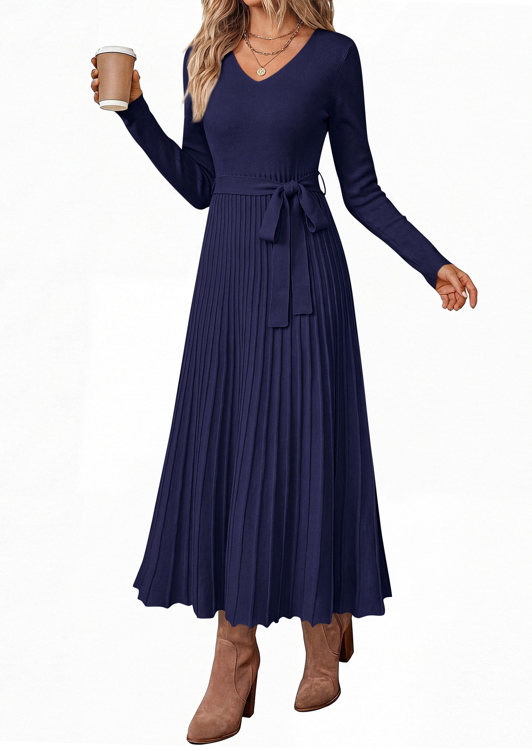 PRETTYGARDEN Womens Fall Maxi Long Sleeve Sweater Dress  Soft Stretchy Knit, V Neck A Line Dresses with Bow, Flowy Pleated Hem, Cocktail Party Outfits, Trendy Winter Clothes
