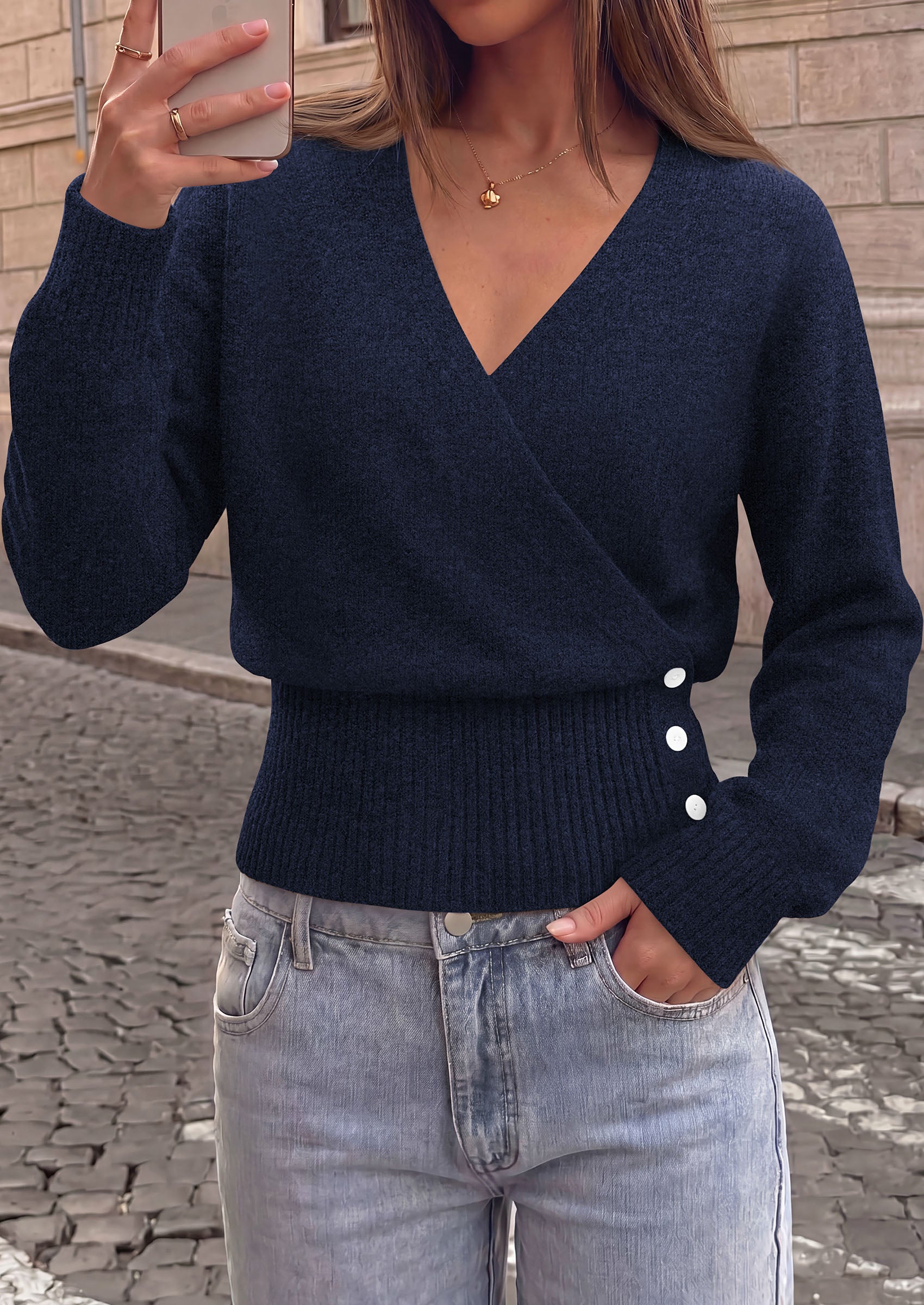 PRETTYGARDEN Women V Neck Wrap Sweater Cropped Tops Fall Winter Fashion 2026, Business Casual Outfits, Stretchy Soft knit, Wide Ribbed Hem with Side Buttons Pullover Sweaters