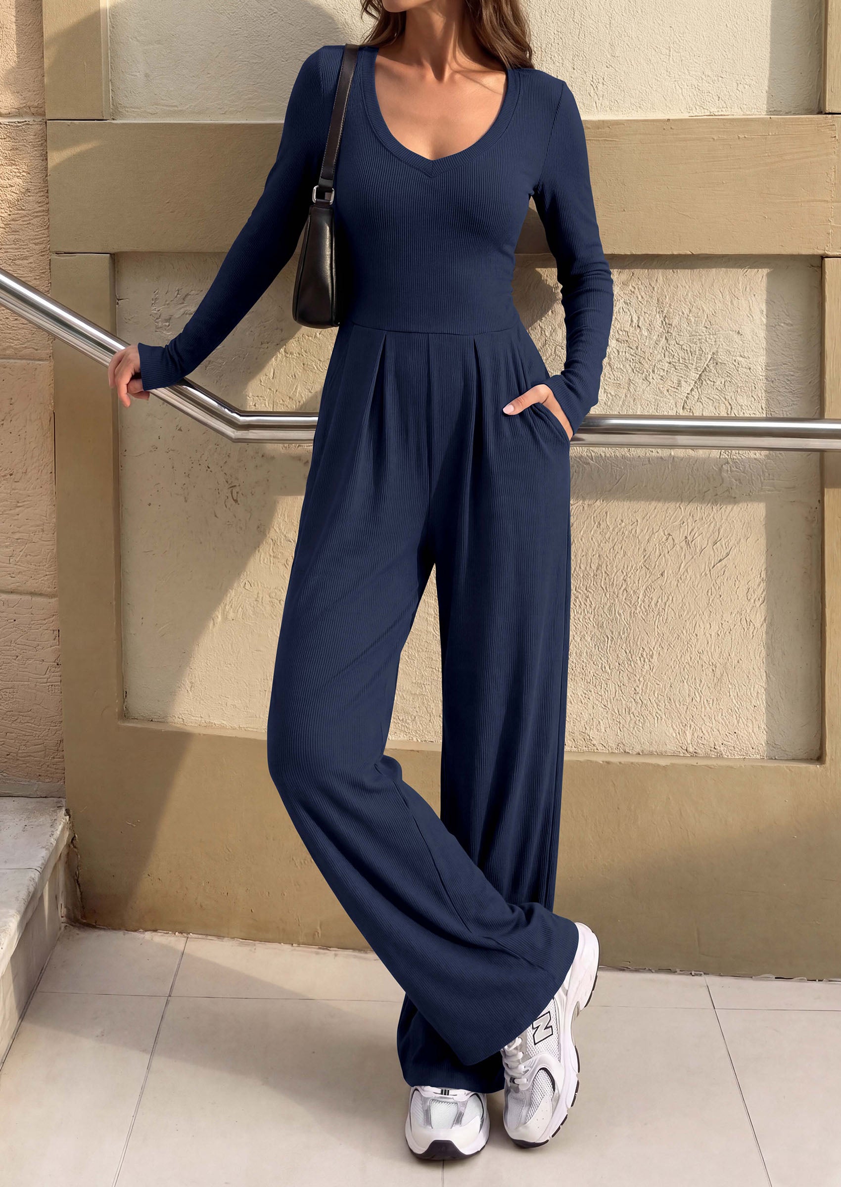 PRETTYGARDEN Womens Fall One Piece Long Sleeve Jumpsuit | Stretchy Ribbed Knit, Fashion Deep V Neck, Wide Leg Romper with Pockets, Work Business Casual Outfits, Trendy Winter Clothes