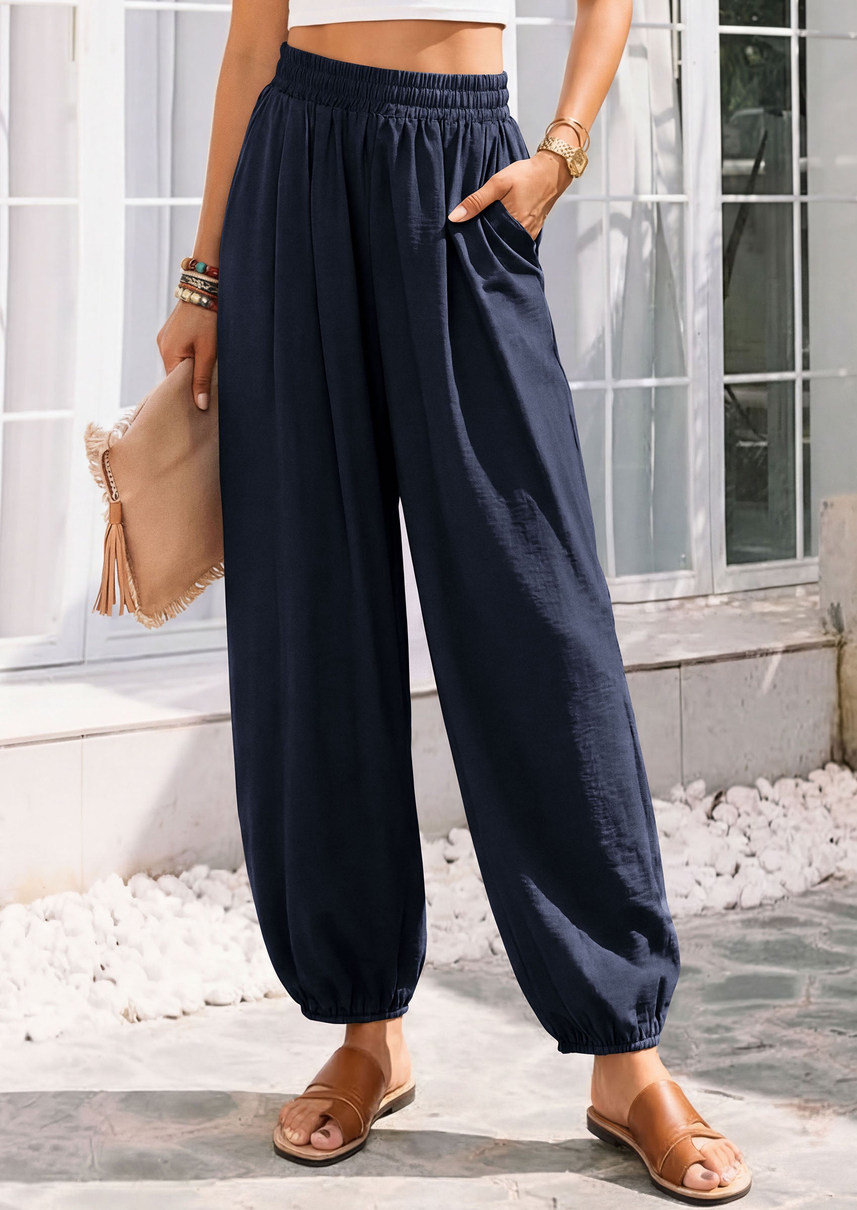 PRETTYGARDEN Womens 2026 Summer Casual Pants High Waisted Loose Wide Leg Palazzo Pockets Lounge Beach Travel Trousers Outfits