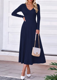 PRETTYGARDEN Women's Fall V Neck Pleated Midi Sweater Dress  Stretchy Ribbed Knit,Long Sleeve,A Line Flowy Skirt,Elegant Long Dresses for Wedding Guest,Work Office,Winter Party Outfits