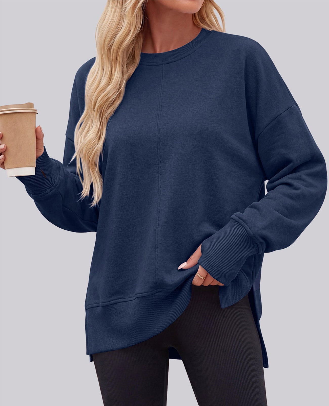 PRETTYGARDEN Womens Long Sleeve Loose Crewneck Sweatshirts with Thumb Hole | Soft Cozy Fleece Basic Side Slit Oversized Pullover Tops, Workout Casual Daily Wear, Y2k 2026 Fashion Fall Winter Clothing